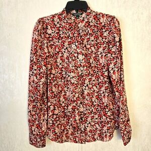 Lauren Ralph Lauren Women's L Long Sleeve Button Front Ruffle Blouse Red Floral
